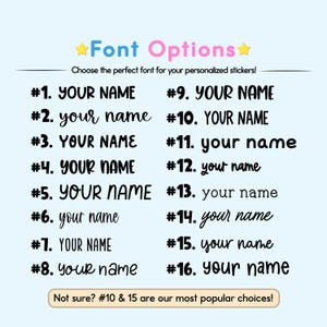 Op de afbeelding: Een lichtblauwe afbeelding met lettertype-opties voor gepersonaliseerde stickers. De tekst "Font Options" staat bovenaan, gevolgd door zestien lettertypevoorbeelden, elk met "YOUR NAME" of "your name" in verschillende stijlen. De tekst "Not sure? #10 & 15 are our most popular choices!" is ook opgenomen.