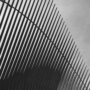 May include: Black and white photograph of a metal structure with a curved design. The structure is made up of many thin, vertical lines that create a geometric pattern. The photograph is taken from a low angle, looking up at the structure. The text "Ashley Balderrama Photography" is at the bottom of the image.