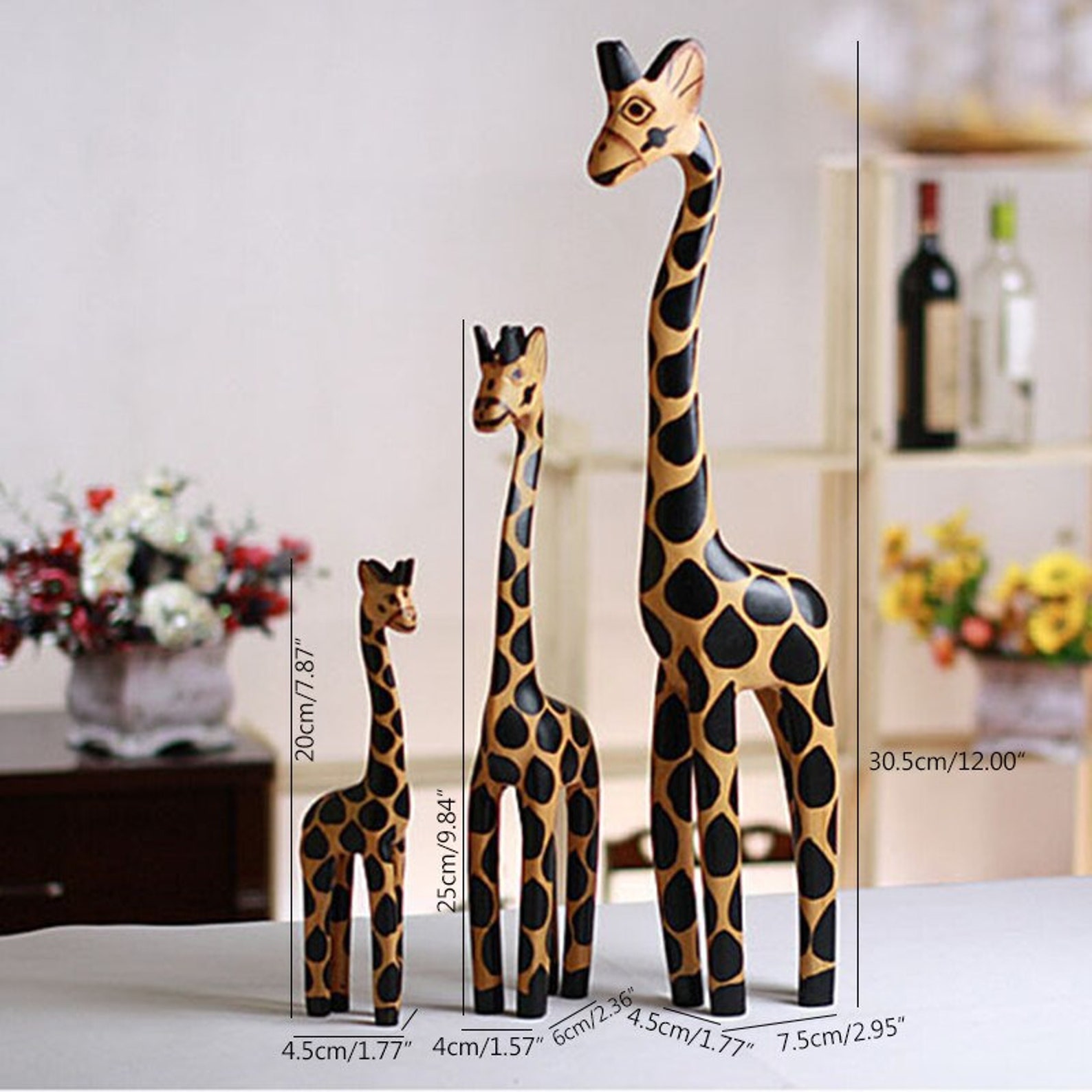 Set of 3 Hand Carved Wooden Giraffe African Safari Baby Statue Etsy