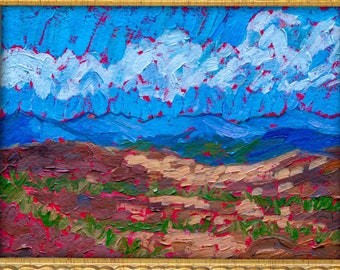 Original oil Painting "Fields in winter" colorful landscape with cloudy sky in thick  impasto small framed art on Cotton paper modern Artist