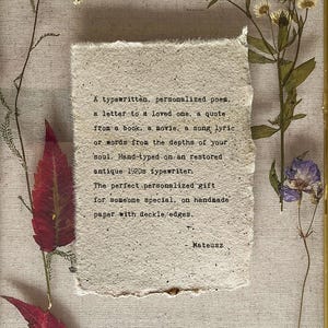 Personalized letter on handmade recycled coffee grounds artisan beige paper, Custom love poem handtyped art inspirational quote, song lyrics