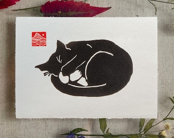Black cat linocut pet void cat sleeping curled holding paw to his face blockprint oversized art print for kitten lovers, feline owner gift