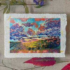 Impression giclée d'art de peinture à l'huile sur papier texturé fait main, champs de ferme de forêt de jungle texturée épaisse ciel nuageux expressif signé par l'artiste
