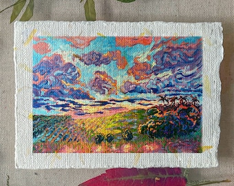 Giclée Art print of Oil Painting on handmade textured paper, thick textured jungle forest farm fields expressive cloudy sky signed by Artist