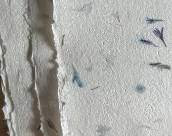 Papier artisanal fait main avec des pétales de bleuet bleu, texturé naturel avec des bords lisses, produit de manière éthique avec des fibres végétales et des fleurs bleues