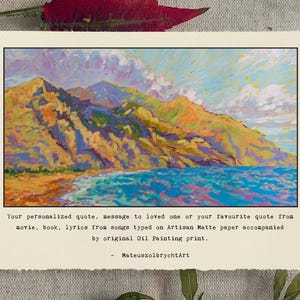 Cita personalizada, poema, carta de amor personalizada con impresión de pintura al óleo de la costa del océano, tejidos marinos y montañas, arte texturizado, impresión artística de cita
