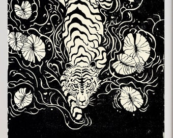 White Tiger Linocut art Print of original Contemporary Linocut blockprint animalistic prowler, big cat hunter wall print, by modern Artist