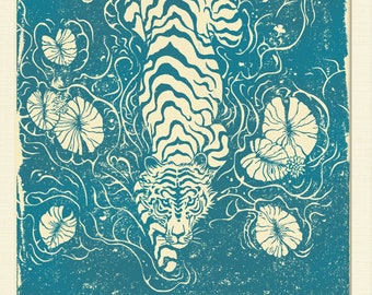 Sea Blue Tiger Lino Print Giclée of original Contemporary Linocut blockprint of prowler, big cat hunter azure wall print, by modern Artist