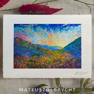 Oil Painting exotic jungle hills, Miniature thick oil texture art print of  sunrise landscape colorful sky, mini organic cotton rag paper