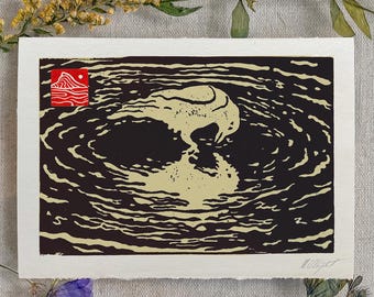 White Raven looking at its reflection in Beige water linocut bird art print void crow animal lovers, gift for Ornitholog wild bird owner