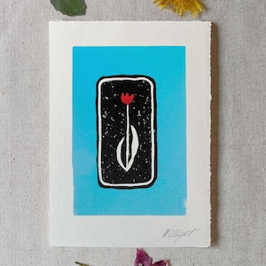 Single Tulip flower floral plant linocut on blue petite blockprint art print, hand-carved blockprint tiny Tulipa wall art on textured paper