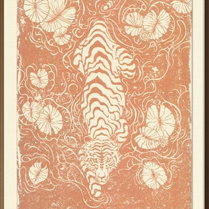 White Tiger Lino Print Giclée of original Contemporary Linocut blockprint of prowler, big cat hunter Copper ink wall print, by modern Artist