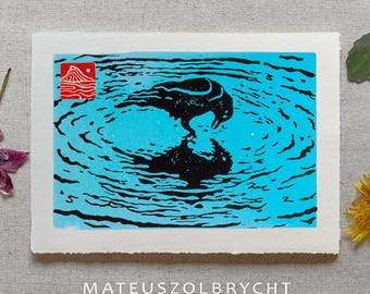 Black Raven looking at its reflection in water linocut bird tiny art print void crow animal lovers, gift for Ornitholog wild bird owner