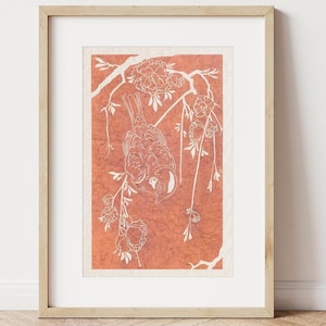 Sparrow on flower tree Lino Print of original Linocut art on Hahnemuhle cotton paper, Copper ink blockprint small wild nature robin bird