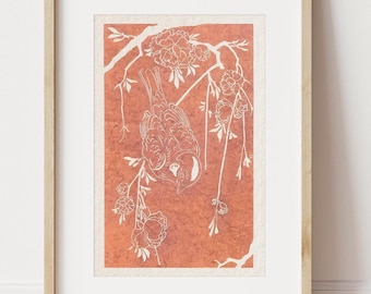 Sparrow on flower tree Lino Print of original Linocut art on Hahnemuhle cotton paper, Copper ink blockprint small wild nature robin bird