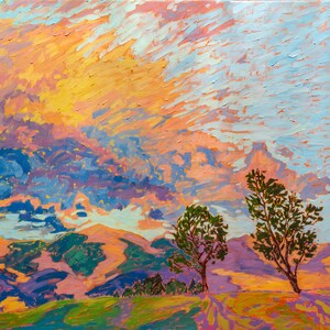 Oil Painting Art print of Summer Mountains evening, impasto textured ocean shore impressionistic sand beach and green Mountains landscape