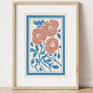 Lino Print Giclée of Poppies flowers original Linocut blockprint floral folk art poppy plant flowers Nature, botanical art by modern Artist