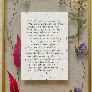 Your custom quote, poem, love letter on artisan paper flowers texture, personalized typewritten quote on flower blue & red petals paper