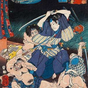Vintage Japanese Ukiyo-e Woodblock art print, Samurai Mitono Kotaro in combat with bandits by Utagawa Kuniyoshi Ancient katana hero warrior