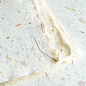 Papel artesanal hecho a mano con cebolla naranja y hierba verde, bordes desbarbados con textura natural, khadi producido éticamente con fibras vegetales visibles