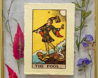 Rider-Waite Tarot Art print on artisan textured paper, symbol Major arcana 0 card the Fool on handmade flower petals natural cotton paper,