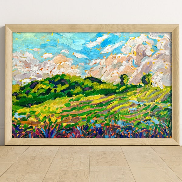 Contemporary Textured Oil Painting impasto Landscape, meadow & Nature green farm fields on hills, clouds small sky painting, modern Artist