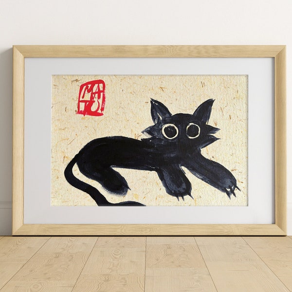 Peinture Chat noir dans un cadre de montage, papier d'art wabi-sabi avec fleur sèche Texture animal de compagnie en pose couchée Impression d'art d'affiche animale amusante contemporaine