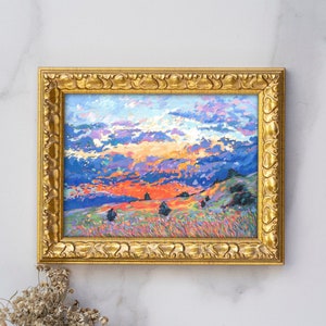 Contemporary Painting fine Art canvas Print, Giclée textured impasto Landscape sunset Fields meadow, Cloudy sky Countryside by modern Artist