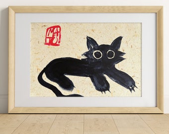 Painting Black zen Cat lying Art Print of Contemporary wabi-sabi art paper with banana fibers Texture Fun animal Poster by modern Artist