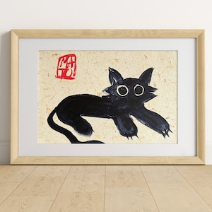Målning Svart zenkatt liggande konsttryck av samtida wabi-sabi konstpapper med bananfibrer textur Rolig djurposter av modern konstnär Canvas Roll