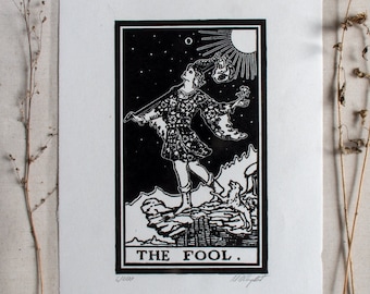 Original Linocut print &quot;The Fool&quot; handmade blockprint Art of Tarot Major Arcana card, on cotton rag paper signed & numbered by Artist