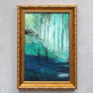 Original oil Painting abstract green forest calm cold foggy morning in woods impressionism art large brush strokes print contemporary Artist