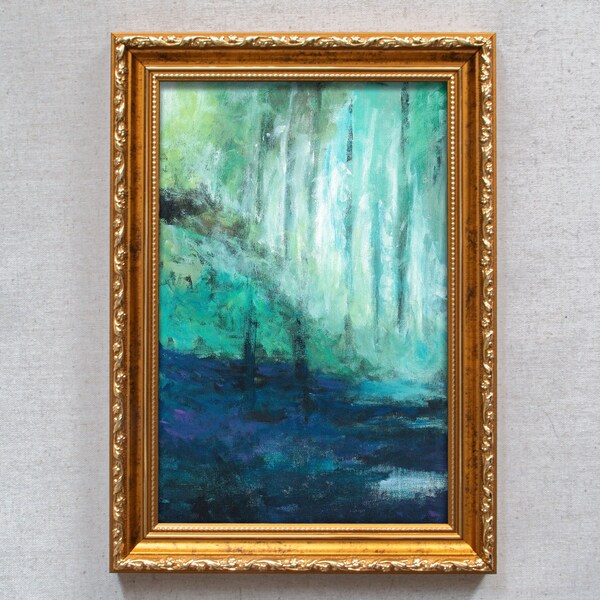 Peinture à l'huile originale forêt verte abstraite calme matin froid brumeux dans les bois art impressionnisme grands coups de pinceau impression artiste contemporain