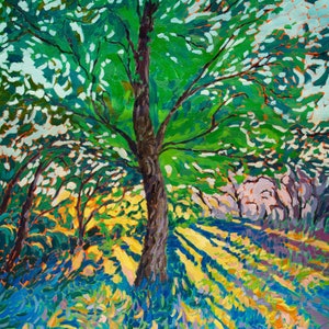Original Oil Painting sun shining through forest oak tree, green nature scenery, rich impasto vibrant Landscape, thick textured art print