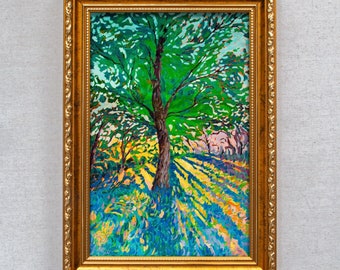 Original Oil Painting sun shining through forest oak tree, green nature scenery, rich impasto vibrant Landscape, thick textured art print