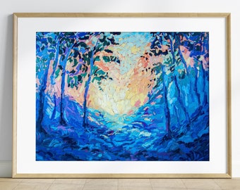 Oil Painting impasto Landscape, sundawn sunlight in Fog forest, Giclée pine Trees canvas art print, thick textured large brush strokes art