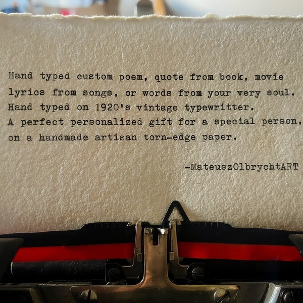 Benutzerdefinierte handtypisierte Gedichtkunst, inspirierendes Zitat aus Buch, Film, Lied, personalisiertes Geschenk, getippte Handwerkerpapiere auf Vintage-Schreibmaschine aus den 1920er Jahren