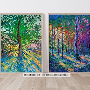 Set med 2 väggkonsttryck av skogsträd i originaloljemålning, livfull impasto, färgglatt landskap, set med två posters, tjock texturerad modern konst