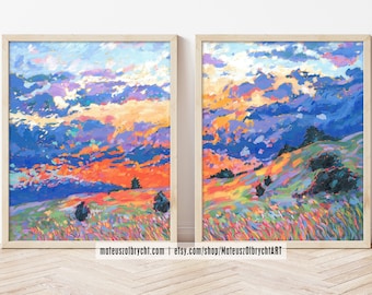 set of 2 wall Art prints of Original Oil Painting Sunshine over hills impasto colorful Landscape, set of two print with thick textured cloud