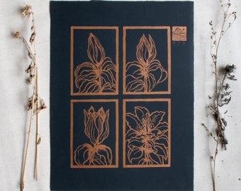 Lino print "Stargazer Lily" floral Woodblock print flower Art, handprinted linocut on black paper & copper ink handmade by modern artist