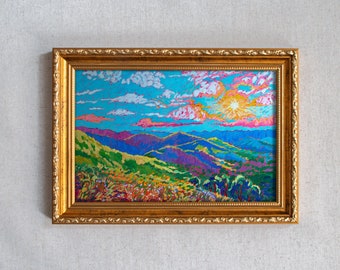 Original Oil Painting Sun & summer trail European bieszczady mountains, thick impasto Carpathian hills landscape bright sunshine spring sky