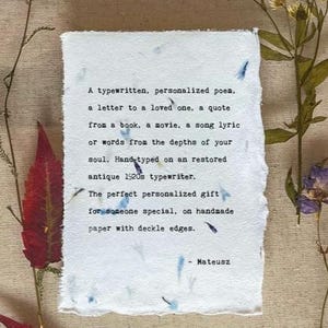 Personalized letter Custom poem handtyped art on handmade pressed blue cornflowers artisan paper, inspirational quote book, song lyrics