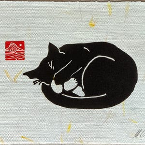 Black cat sleeping curled holding paw to his face linocut pet void cat blockprint tiny art print for cat lovers paper, feline cat owner gift