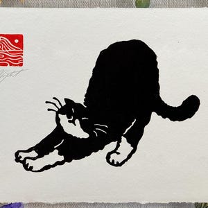 Black White cat stretching linocut pet void kitty blockprint "Big Stretch" tiny art print for Tuxedo fur kid lover, feline kitten owner gift