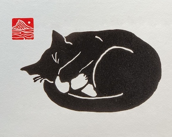 Black cat sleeping curled holding paw to his face linocut pet void cat blockprint tiny art print for cat lovers paper, feline cat owner gift