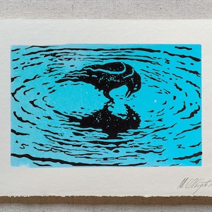 Black Raven looking at its reflection in water linocut bird tiny art print void crow animal lovers, gift for Ornitholog wild bird owner