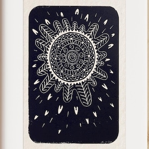 Lord Frith linocut print , Lino Print Sun mandala of original Linocut blockprint of watership dawn rabbit deity God "freedom" in old english