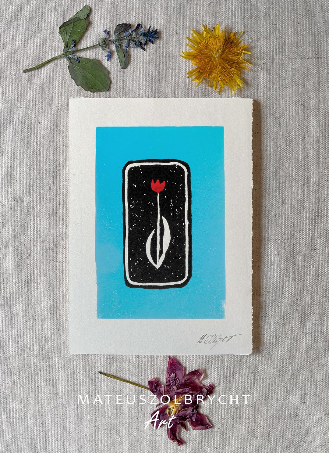 Single Tulip Flower Floral Plant Linocut on Blue Petite Blockprint Art ...