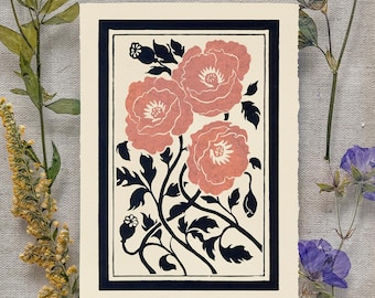 Poppies wildflower Copper Linocut print original Lino art floral blockprint Linogravure botanical poppy flowers Contemporary Artist