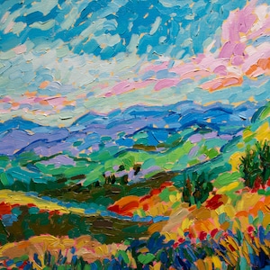 Mountains forest Oil Painting, high Quality print of Contemporary Art on canvas Nature Hills thick textured impasto Landscape modern Artist